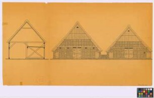 Schinkel ([Landkreis] Osnabrück): Ziegelhof. - Tenne (Schnitt). - Haupthaus (Giebel-Ansicht). - Stall 2 (Giebel-Ansicht)