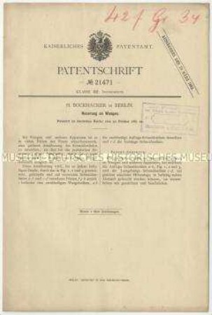 Patentschrift über Neuerungen an Waagen, Patent-Nr. 21471
