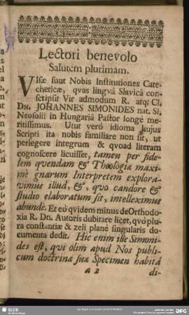 Lectori benevolo Salutem plurimam