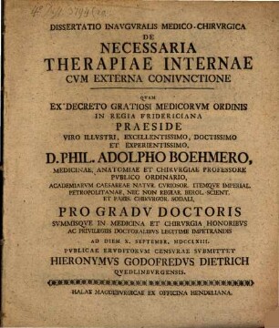 Dissertatio Inavgvralis Medico-Chirvrgica De Necessaria Therapiae Internae Cvm Externa Conivnctione