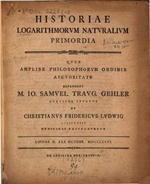 Historiae Logarithmorvm Natvralivm Primordia