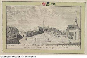 Prospect der Hauptstrasse zu Friedrichstadt bey Dresden, Kupferstich, 1760 : Schlitterlau, Friedrich Gottlob: Prospect der Hauptstrasse zu Friedrichstadt bey Dresden... . 1760. 12,5 x 24,6 cm (Kupferstich)