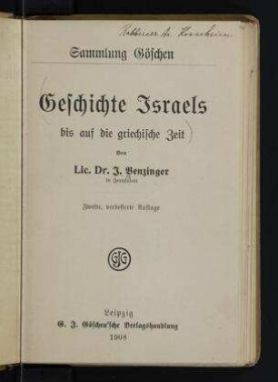 Geschichte Israels bis auf die griechische Zeit / von I. Benzinger