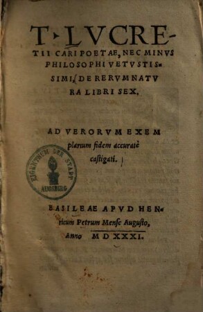 De rerum natura : libri sex ; ad verorum exemplarium fidem accurate castigati