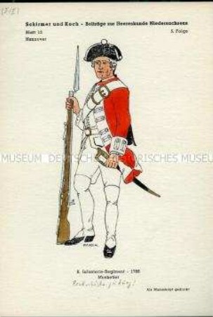 Uniformdarstellung, Musketier des 8. Infanterie-Regiments, Kurfürstentum Hannover, 1786.