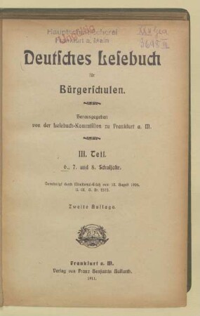 Teil 3 = 6., 7. u. 8. Schulj., [Schülerbd.]: Deutsches Lesebuch für Bürgerschulen