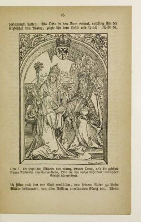Otto I., Erzbischof Wilhelm von Mainz, Bruder Ottos, und die gelehrte Nonne Roswitha von Gandersheim, Otto ein ihn verherrlichendes lateinisches Gedicht überreichend