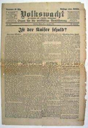 Regionale sozialdemokratische Tageszeitung "Volkswacht" zur Frage der Verantwortung des Kaisers für den Weltkrieg