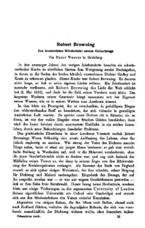 Robert Browning : Zur hundertsten Wiederkehr seines Geburtstags