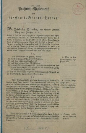 Pensions-Reglement für die Civil-Staats-Diener : [Gegeben Berlin, den 30sten April 1825]