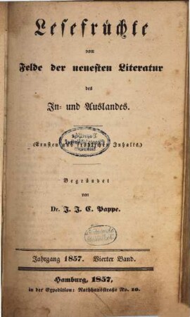 Lesefrüchte vom Felde der neuesten Literatur des In- und Auslandes. 1857,4, 1857,4