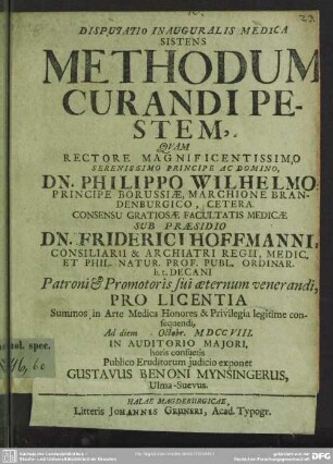 Disputatio Inauguralis Medica Sistens Methodum Curandi Pestem