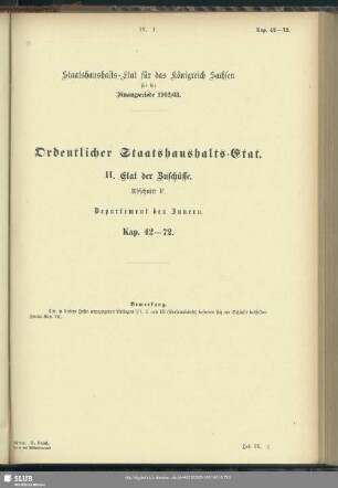 II. Etat der Zuschüsse. Abschnitt F. Departement des Innern. Kap. 42-72