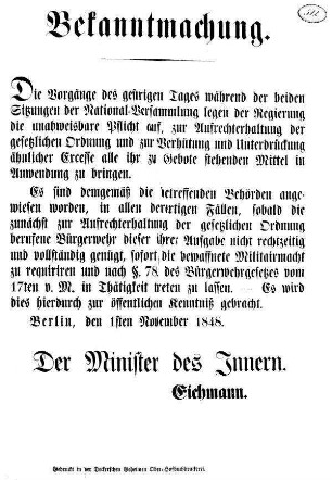 Bekanntmachung. Die Vorgänge des gestrigen Tages während der beiden Sitzungen [...]