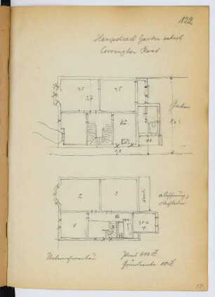 Hampstead Garden Suburb, London-Hampstead: Grundrisse Corrington Road (aus: Skizzen- und Fotoalbum 26)
