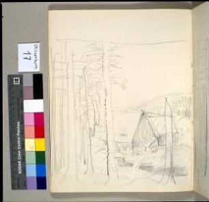 Verschneiter Wald mit Bach und Häusern