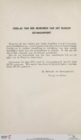 Verslag van den Beheerder van het Museum Gevangenpoort