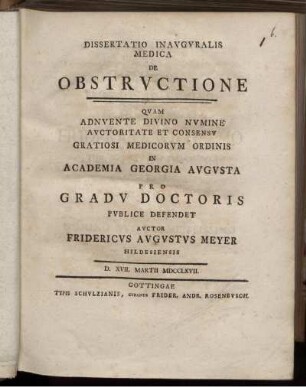 Dissertatio Inauguralis Medica De Obstructione