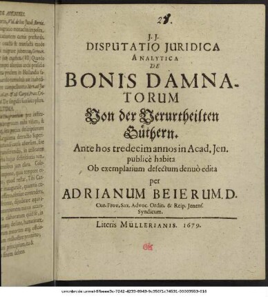 Disputatio Iuridica Analytica De Bonis Damnatorum