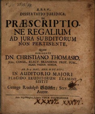 Tractatio iuridica de praescriptione regalium ad iura subditorum non pertinente