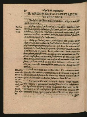 II. Argumenta Papistarum Theologica.