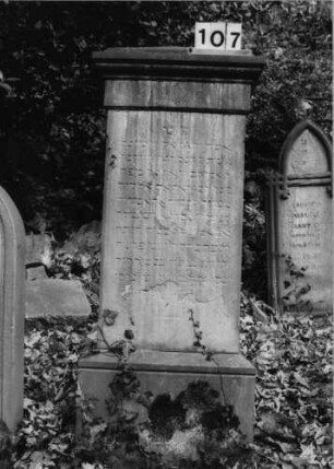 Grabstein 107 (Index: 100091015) Material: Sandstein Zustand: stark abgeblättert/Textverlust Maße HxBxT: 152x60x34 cm Beschreibung: Stele auf gestuftem Sockel mit abgesetztem Dreiecksgiebel: Grabstein 107
