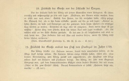 18. Friedrich der Große vor der Schlacht bei Torgau ; 19. Friedrich der Große erobert den Paß von Paskogal im Jahre 1759
