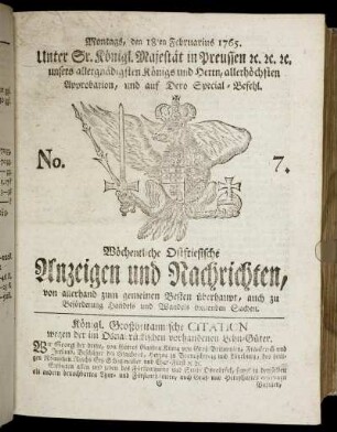 No. 7. Montags, den 18ten Februarius 1765.