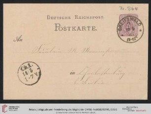 Briefwechsel Theodor Mommsen und Marie Mommsen geb. Reimer: Postkarte von Marie Mommsen an Marie Mommsen