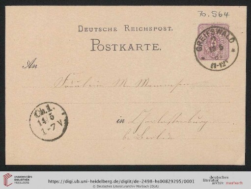 Briefwechsel Theodor Mommsen und Marie Mommsen geb.  Postkarte von Marie Mommsen an Marie Mommsen