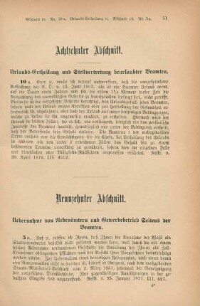Achtzehnter Abschnitt. Urlaubs-Ertheilung und Stellvertretung beurlaubter Beamten