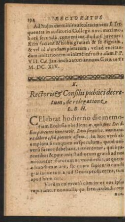 X. Rectoris & Consilii publici decretum, de relegatione L. B. H.