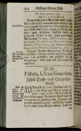 XLIII. Fistula, Ulcus Sinuosum. Fistel/ Tieffe- und Hohle Geschwär. - XLVI. Von Gewächsen.