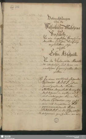 Erster Abschnitt. Von der Waßersäulen Maschine überhaupt, und denen wesentlichen Eigenschaften derselben