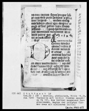 Psalterium monasticum feriatum chori cum antiphonis- Hymnar — Initiale D (omine exaudi) mit Drachen, Folio 104 versó