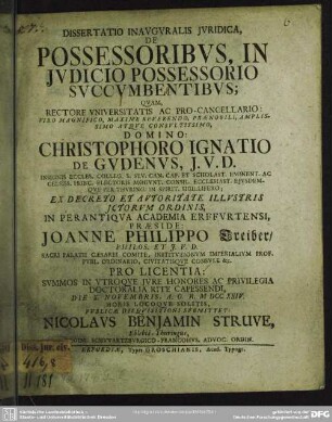 Dissertatio Inauguralis Iuridica, De Possessoribus, In Iudicio Possessorio Succumbentibus