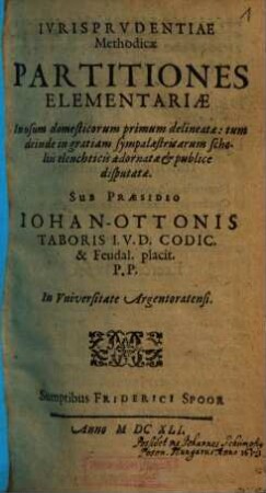 Iurisprudentiae Methodicae Partitiones Elementariae : In usum domesticorum primum delineatae ; tum deinde in gratiam sympalaestritarum scholiis elenchticis adornatae & publicae disputatae