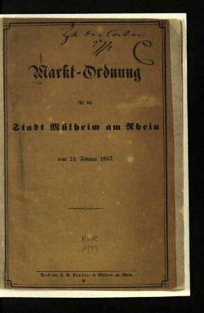 Markt-Ordnung für die Stadt Mülheim am Rhein vom 23. Februar 1867