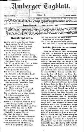 Amberger Tagblatt : Amtsblatt für Stadt und Land ; Bezirksamtsblatt ; amtliches Publikationsorgan des Stadtrates, Landgerichtes, Finanzamtes Amberg, der Amtsgerichte Amberg und Vilseck sowie deren Notariate. 1863,1/6