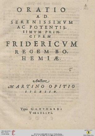Oratio Ad Serenissimvm Ac Potentissimvm Principem Fridericvm Regem Bohemiae