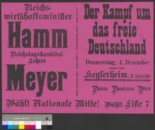Plakat zu einer Wahlkundgebung der DDP für die Reichstagswahl am 7. Dezember 1924
