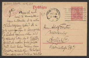 Postkarte an Otto Fürstner : 08.10.1919