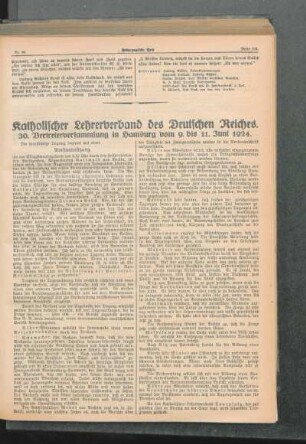 Katholischer Lehrerverband des Deutschen Reiches : 30. Vertreterversammlung in Hamburg vom 9. bis 11. Juni 1924
