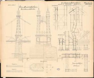 Straßenbrücke Köln-Deutz Schinkelwettbewerb 1892: Strompfeiler. Ansichten, Schnitte, Grundrisse 1:100, 1:25