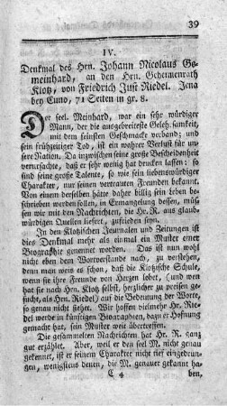 Denkmal des Hrn. Johann Nicolaus Gemeinhard; an den Herrn Geheimenrath Klotz.