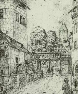 Stadtbild mit Fluß, Mühle und Brücke