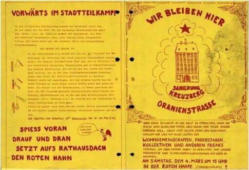 Flugschrift: Wir bleiben hier. Sanierung               Kreuzberg. Oranienstraße, 1989