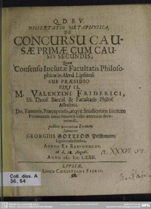 Dissertatio metaphysica de concursu causae primae cum causis secundis