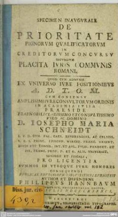 Specimen Inaugurale De Prioritate Pignorum Qualificatorum In Creditorum Concursu Secundum Placita Iuris Communis Romani