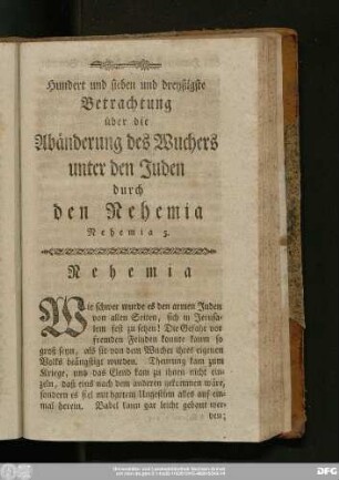 Hundert und sieben und dreyßigste Betrachtung über die Abänderung des Wuchers unter den Juden durch den Nehemia Nehemia 5.